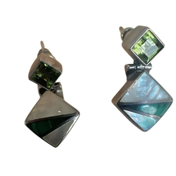 ACLEONI Sterling Silver Peridot, Malachite & Mother of Pearl Drop Earrings - Picture 8 of 12